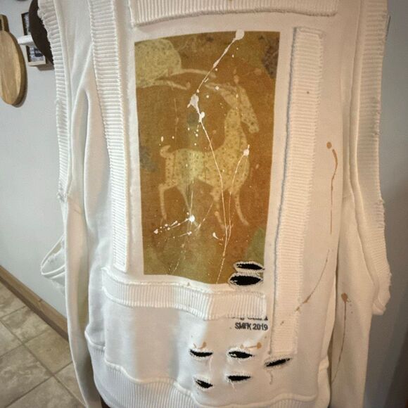 SMFK crewneck sweatshirt size small thrashed trashed cream color destroyed paint - Picture 6 of 12